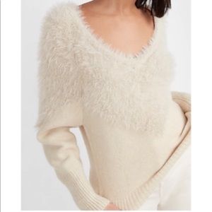 Express off white soft faux fur v-neck sweater,  size Small